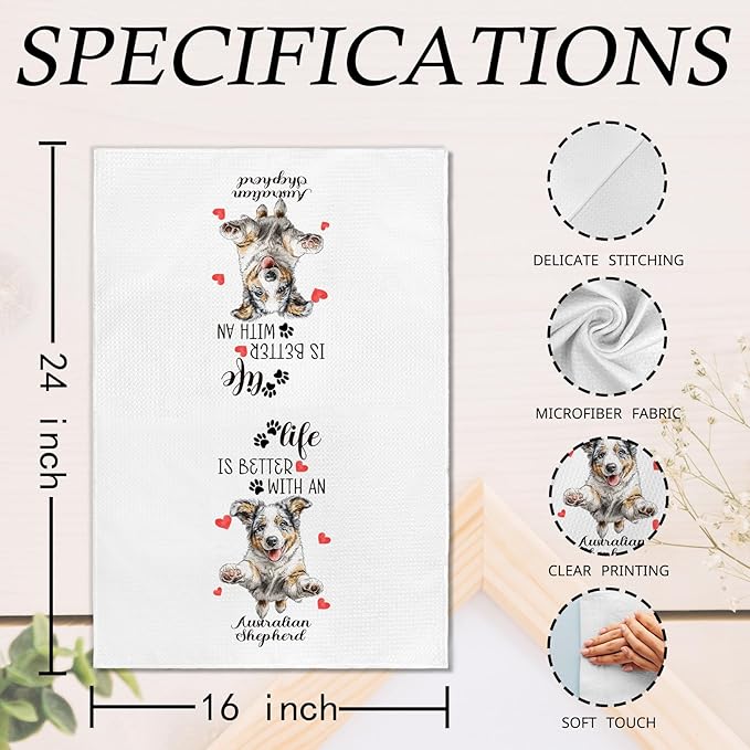 Australian Shepherd Gifts Kitchen Towels Set of 2, Funny Dog Hand Towels for Kitchen Bathroom Decor, for Women Dog Lovers Moms Owners Dishcloths Dish Towel 16X24 Inches