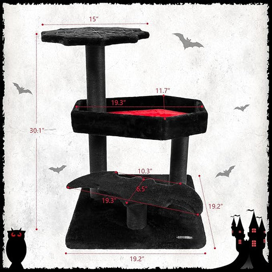 KAMABOKO Gothic Cat Tree, 30.3in Black Cat Tower with Coffin Bed, Cat Condo with Sisal Scratching Posts, Scratching Ramp and Comfort Basket for Indoor Cats