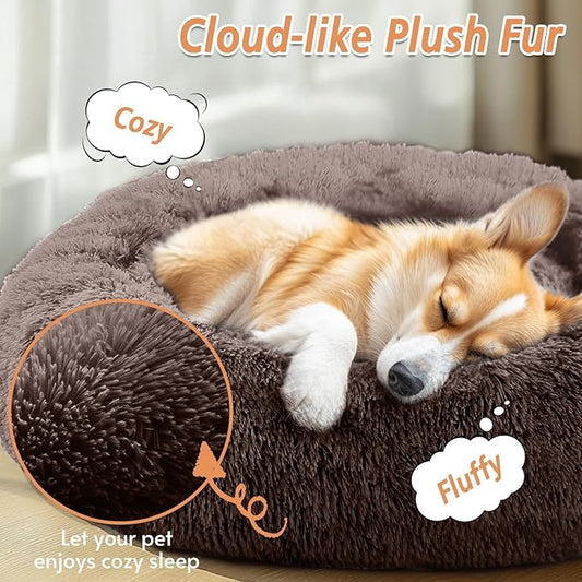 JOLLYVOGUE Calming Dog Beds Large Sized Dog, 36in Donut Washable Large Pet Bed, Anti-Slip & Anti-Anxiety Fluffy Faux Fur Round Dogs Bed, Fits up to 80 lbs Pets (Chocolate)