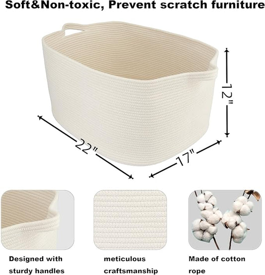 Large Rectangle Blankets Basket Living Room 22"x17"x12" Woven Cotton Rope Storage Baskets for Nursery Toy Baskets for Kids and Dogs Wicker Laundry Basket Bin for Clothes Towels white