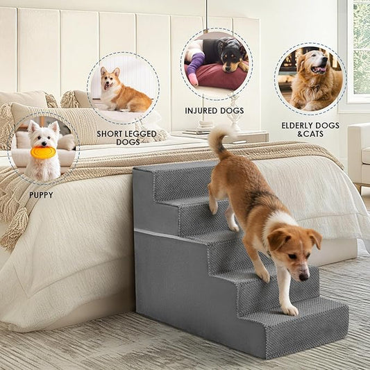 DUMOS Dog Stairs for Small and Medium Dogs, 5-Step Pet Steps with High-Density Foam, Indoor Non-Slip Pet Ramp for Puppy and Older Dogs Cats, Dog Bed Stairs for Couch and Sofa, Grey