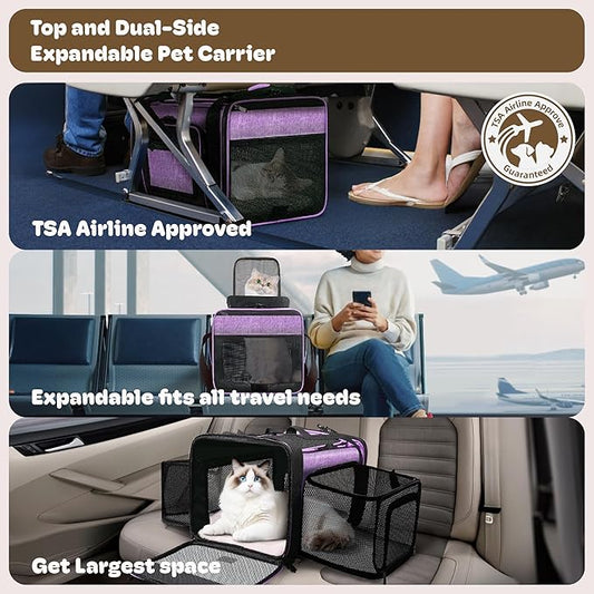 Top and 2 Sides Expandable Cat Carrier 18x11x11, TSA Airline Approved Dog Carriers for Small Dogs, Soft-Sided Pet Carrier with Self-Locking Zippers for Kitten,Rabbit, Puppy, Guinea Pig Purple