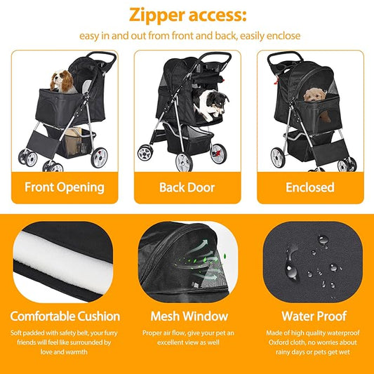 4 Wheels Dog Stroller Folding Pet Strolling Cart for Small Medium Cats Puppies Portable Jogger Travel Camping Puppy Carrier with Storage Basket Cup Holder, Black