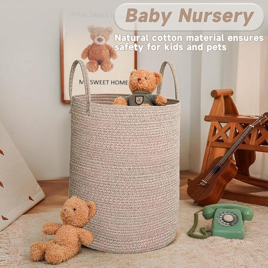 Large Woven Laundry Basket Hamper,80L Cotton Rope Storage Bin for Blankets,Toys and Clothes,Decorative Tall Nursery Hamper for Living Room,Baby Nursery,Bathroom and Bedroom,Oatmeal