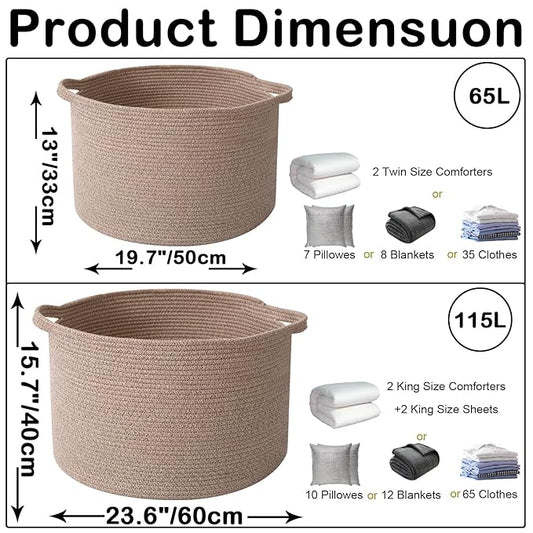 65L Large Blanket Basket,19.7" L x 19.7" W x 13" H Rope Woven Baskets with Handles, Toys Storage Bins,Laundry Basket Perfect for Living Room, Nursery,Bedroom,Home Organization,Brown