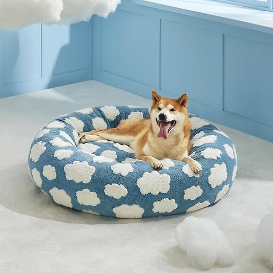 Lesure Shown on TV Donut Dog Beds Large Size Dog - XL Calming Round Sofa as Present for Pets with Washable Cover, Orthopedic Home Decor Bed with Jacquard Shaggy Plush & Anti Slip Bottom, 36 Inch,Blue