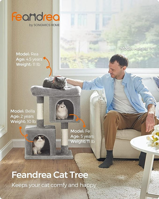 Feandrea Cat Tree, 29.1-Inch Cat Tower, Plush Condo for Medium Cats up to 11 lb, Large Perch, 2 Caves, Scratching Post, Light Gray UPCT612W01
