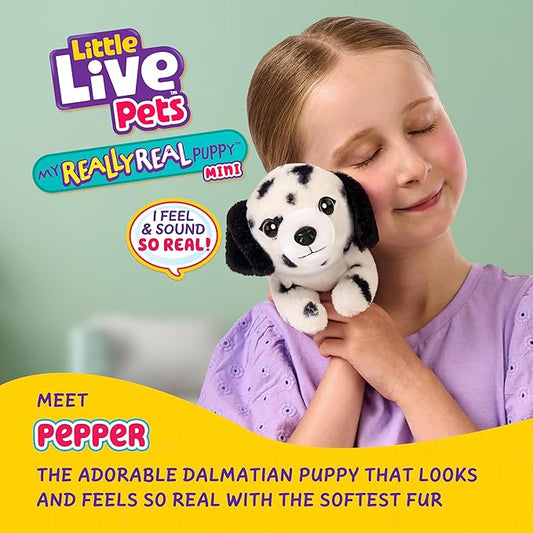 Little Live Pets My Really Real Puppy Mini Pepper The Dalmatian, Interactive Plush Toy with Basket, 20+ Sounds and Reactions, Puppy Toys for Kids
