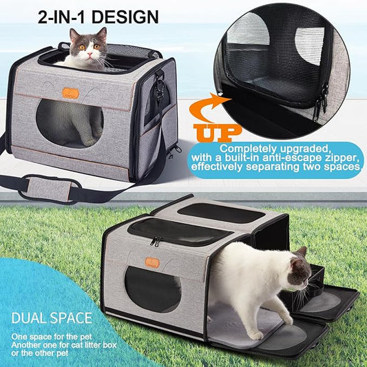 IC ICREATE.X Large Cat Carrier with Litter Box for Car Travel, Pet Carrier Bag 2-in-1,Double Cat Travel Transport Carrier for Long Distance, Collapsible Dog Crate, Cat Bag for Kitten 2 Cats