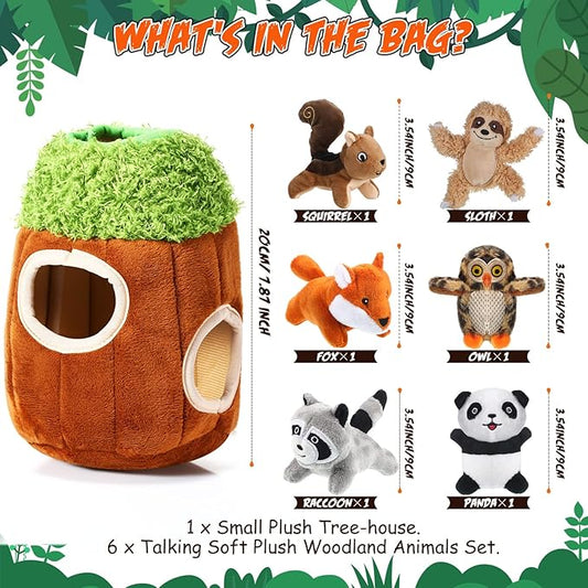 Skylety 7 Pieces Hide and Seek Dog Toys Activity Puppy Chew Squeaky Toys Plush Stuffing Woodland Stuffing with Squeakers for Small Medium Pets Dogs Puppy Gift(Cute,Small)