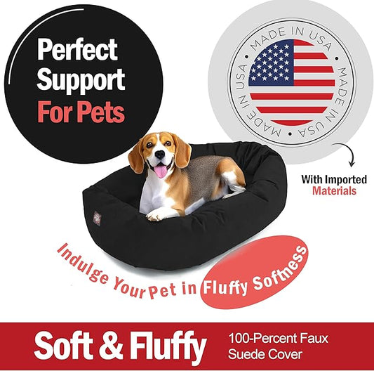 Majestic Pet 32 Inch Suede Calming Dog Bed Washable – Cozy Soft Round Dog Bed with Spine Support for Dogs to Rest their Head - Fluffy Donut Dog Bed 32x23x7 (Inch) - Round Pet Bed Medium – Black (2025)