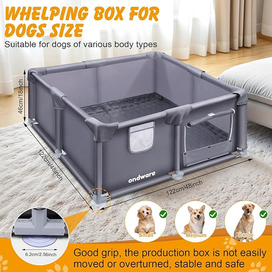 Whelping Box for Dogs and Puppies, 48×48×18 in Whelping Supplies with Waterproof Whelping Pad for Medium Small Dogs