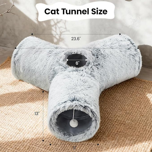 Tempcore Plush Cat Tunnel for Indoor Cats,Collapsible 3-Way Pet Tunnel Toy with Peek Holes for Cats, Kittens, Rabbits, Light Grey