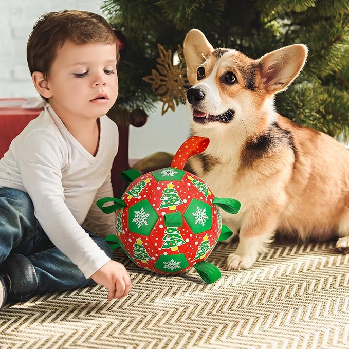 Christmas Soccer Ball Dog Toy With Straps for Interactive Play and Tug of War - Christmas Tree & Snowflower Pattern for Small, Medium, Big Dogs (8 Inches)