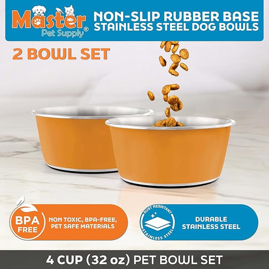 Master Pet Supply Stainless Steel Dog Bowls Set of 2 (32 Oz Each) with Non-Slip Rubber Base - Mango Tango - Basic Dog Food Bowl Water & Food Bowls for Small Medium Large Dogs & Cats, Metal Dish