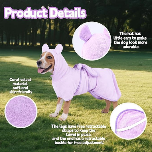 Super Absorbent Dog Bathrobe Pineapple Soft Fast Drying Dogs Towel Robe Adjustable Drying Coat for After Bath with Hood (Coral Velvet Purple, Small)