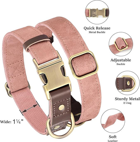 Didog Soft PU Leather Dog Collar for Large Dogs,Classic Adjustable Wide Pink Dog Collars with Quick Release Metal Buckle,Easy Clean and Comfortable with Nylon Lining,Pink,XL Neck 20-27", Width 1.2"