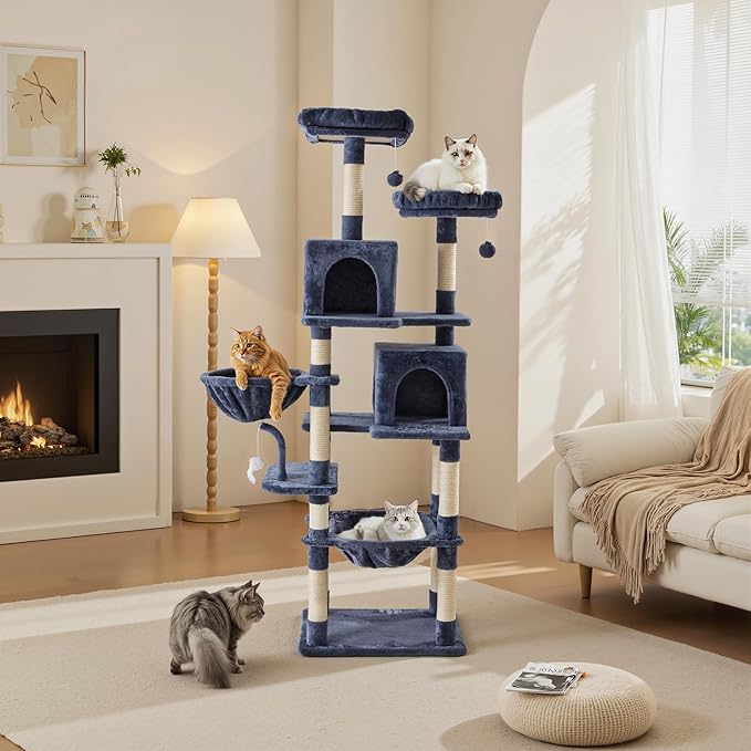 Large Cat Tree 71 Inch, Multi-Level Tall Cat Tree Tower with Condo, Perches, Sisal Scratching Posts and Hammock, Pet Play House with Dangling Balls for Indoor Cats, Dark Grey