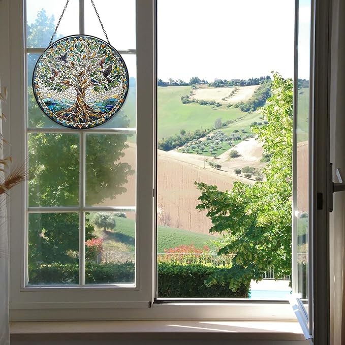 Tree of Life with Birds Sun Catcher RVEAFA Stained Glass Window Hanging Birds Lover Gifts for Women Wall Decor Handmade Sun Catcher Decoration for Garden Home Housewarming Gifts(20 * 20cm