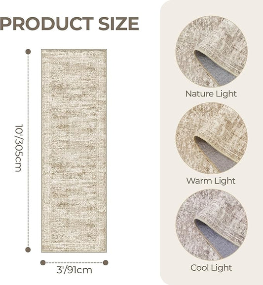 3x10 Runner Rug Non Slip Washable for Entryway, Vintage Hallway Runner for Front Porch, Laundry Room, Bedroom, Abstract Stain Resistant Thin Indoor Kitchen Mats for Floor(3'x10', Brown/Ivory)