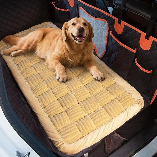 Soulbond Dog Bed for Car Back Seat Soft Plush Backseat Pet Bed Mat Non-Slip Travel Pet Mat, Fuzzy Plaid Dog Seat Cover, Fit for Backseat Extenders and Trucks SUVs (Light Brown, 54" x 24.8")