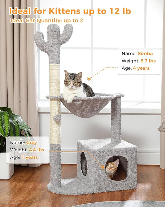 MUTTROS Cactus Cat Tree Cat Scratching Post 40" Cat Tower with Large Metal Carpet Hammock, Cat Scratching Post for Indoor Cats with Condo& Dangling Ball, Grey