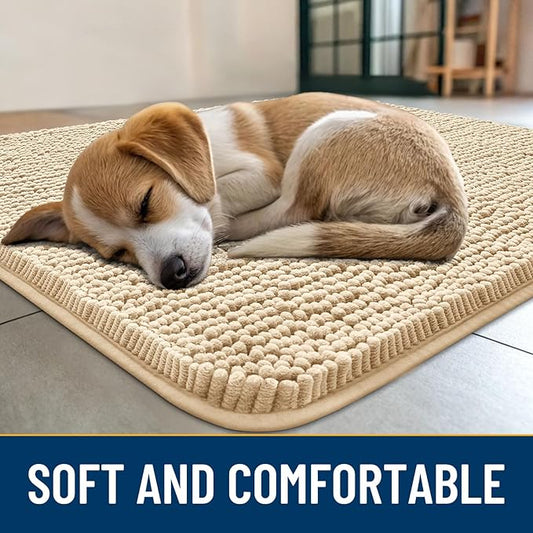 Smiry Dog Door Mat for Muddy Paws 45x27, Absorbs Moisture and Dirt Doormat, Non-Slip Washable Quick Dry Chenille Front Door Mat Indoor Entrance, Entryway Carpet for Inside Floor, Beige