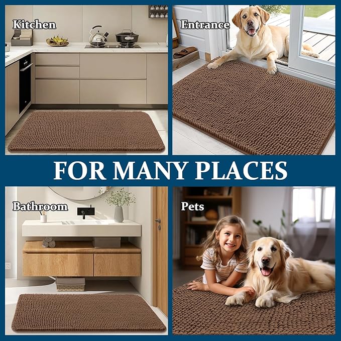 OLANLY Dog Door Mat for Muddy Paws 24x16, Absorbs Moisture and Dirt, Absorbent Non-Slip Washable Doormat, Quick Dry Chenille Mud Mat for Dogs, Entry Indoor Entryway Carpet for Inside Floor, Mocha
