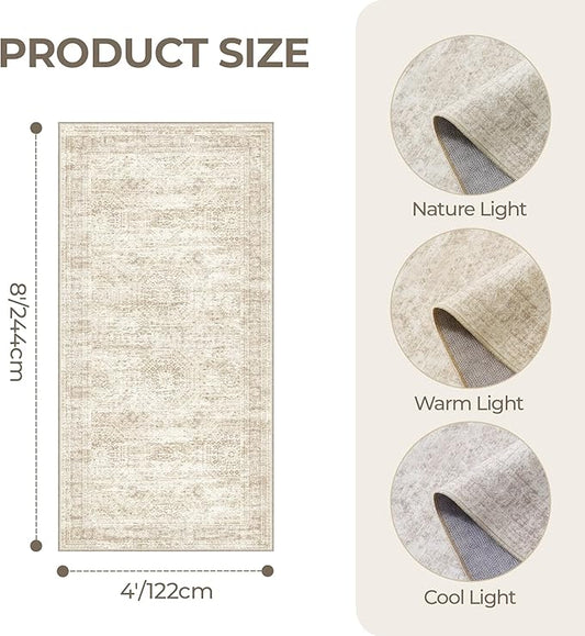 4x8 Rug for Bedroom,Wide Runner Rug for Hallway, Non Slip Washable Runner Rug for Living Room, Low Pile Soft Entryway Kitchen Rug, Modern Home Decor Mat for Dining Room(4'x8', Beige/Ivory)