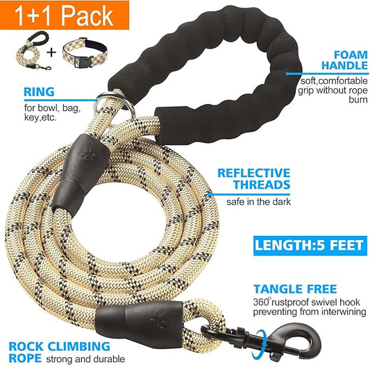 Reflective Dog Collar Padded with Soft Neoprene Breathable Adjustable Nylon Dog Collars for Small Medium Large Dogs (X-Small (Pack of 1), Vanilla Plaid Collar+Leash)