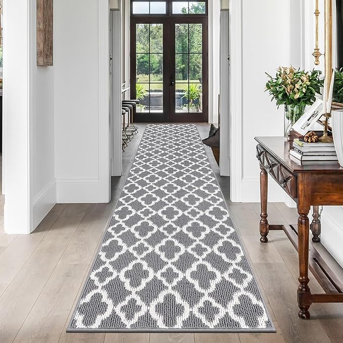 U'Artlines Long Runner Rug for Hallway 2×10feet Non Slip Kitchen Floor Carpet Runners Grey Geometric Pattern Machine Washable Area Rug for Entryway Bathroom