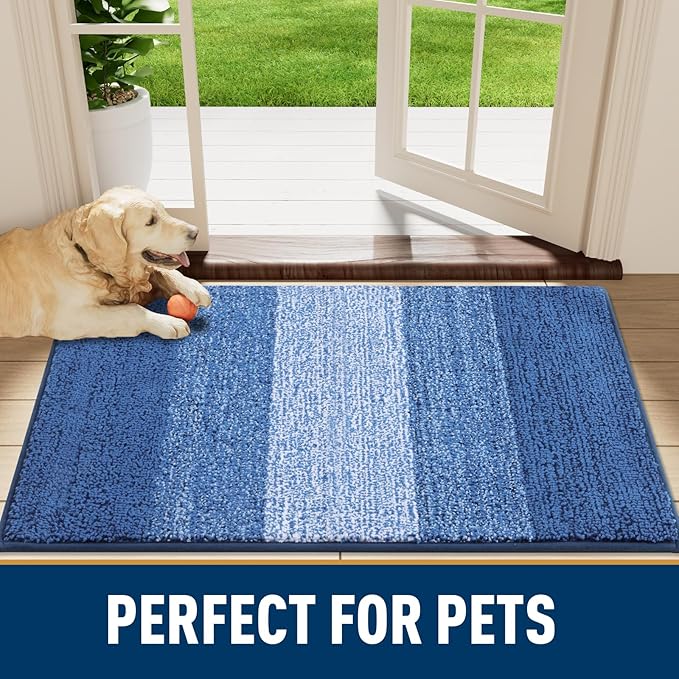 Smiry Dog Door Mat for Muddy Paws, Absorbs Moisture and Dirt, Low-Profile Entryway Mat with Non-Slip Backing, Entry Indoor Outdoor Doormat for Inside Floor (71x47 Inches, Navy Blue, Striped)