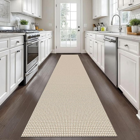 KOZYFLY Long Runners for Hallways 2x12 ft Washable Kitchen Runner Non Slip Rubber Backed Hallway Rugs Cotton Entryway Runner Rug Floor Carpet for Indoor Hall, Backdoor, Kitchen, Ivory/Khaki