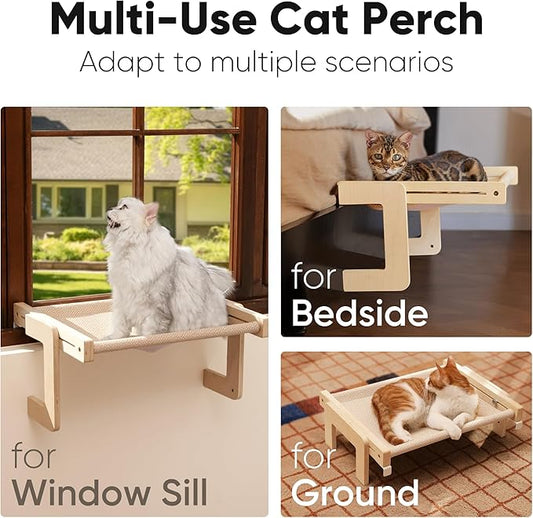 FUKUMARU Cat Window Perch, Transformable Cat Hammock for Windowsill and Floor, Cats Window Bed for Large Cats and Kittens, Reinforced Wood and Metal Frame, Easy to Adjust & Assemble Pet Pech Beds