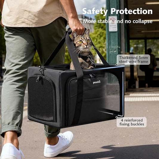 Pecute Cat Carrier Expandable, Stable Pet Carrier with 5mm Thick Steel Wire Frame, Dual-Side 200% Larger Space, Car Travel Carrier with Locking Zippers & Belt, Foldable for Storage, Dark Gray
