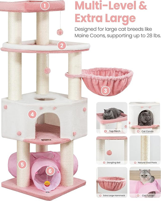 Cat Tree Tower for Large Cats Adult - 60 Inch XXL Sturdy Heavy Duty Extra Wide Scratching Posts (φ4.4in) Condo - Indoor Big Cat House Hammock Perch - XL Wood Multi Level Feline Pet Bed Trees Houses