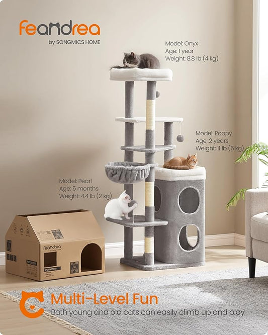 Feandrea Cat Tree, 60-Inch Cat Tower, Multiple-Level Plush Condo with 2 Caves, 3 Scratching Posts, 3 Perches, Dove Gray UPCT007G01