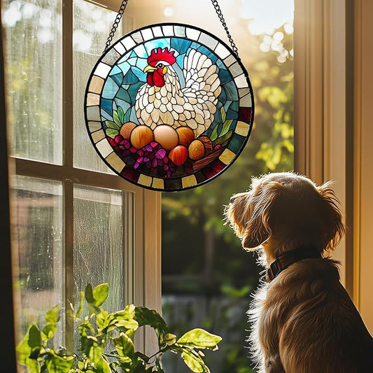 Stained Glass Window Hanging White Chicken Hatching Eggs 7.8" - Suncatcher Door Garden Sunroom Sun Catcher Home Decor Birthday Christmas for Mom Men Woman Nana