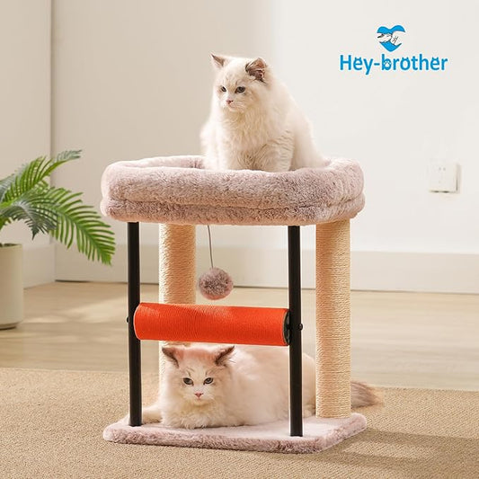 Hey-brother Cat Tree Tower with Rolling Scratching Post, Spacious Plush Platforms, Fully Sisal-Wrapped Column and Plush Toy Ball, Sturdy Bed for Indoor Kittens, 18.9 inches, Muchroom MPJ010SMU