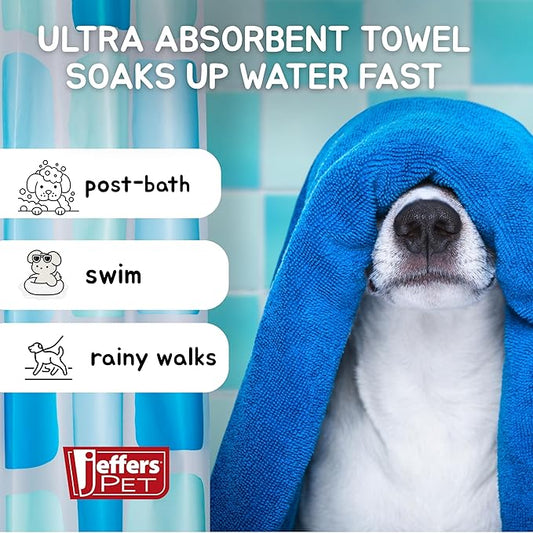 Jeffers Pet Ultra Absorbent Drying Towel for Small, Medium & Large Dogs & Cats, 40" x 30" Soft Microfiber Towel for Bath, Travel, Grooming, Crate, Car, Home Use, Machine Washable - Assorted Colors