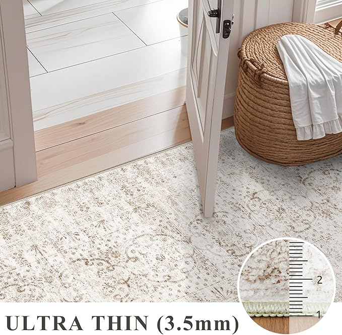 2'6x12 Washable Hallway Runner Rug - Vintage Kitchen Rugs with Non Slip Backing Low Pile Stain Resistant Carpets for Living Room Bedroom Entryway Soft Floor Mat for Laundry 2.6x12 Beige Brown