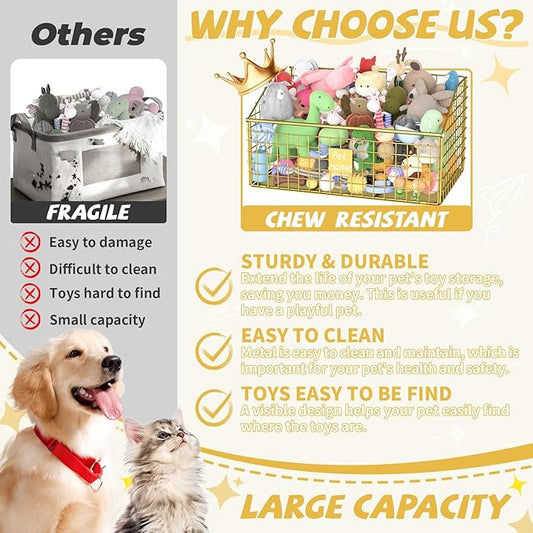 Indestructible Dog Toy basket, Large Toy Bin for Dogs,Pet Toy Bin Dog Metal Basket Organizer Storage for Toys Food Storage (Gold)