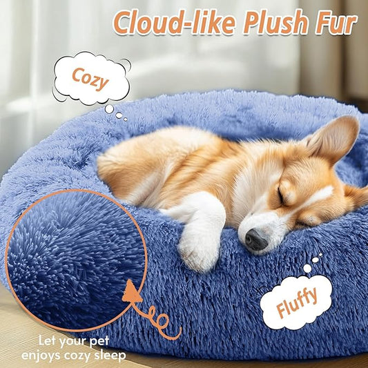JOLLYVOGUE Calming Dog Bed Medium Size Dog, Anti-Anxiety Donut Medium Pet Bed, 31 inches Fluffy Faux Fur Round Cat Bed, Fits up to 45 lbs Pets (Navy Blue)