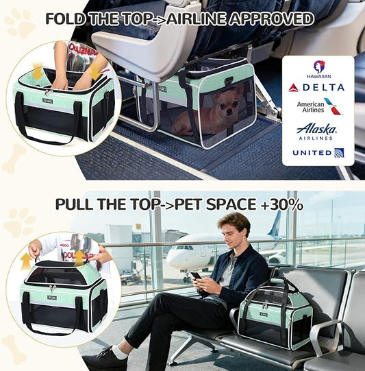 Lekereise Top-Expandable Pet Carrier 17x11x9.5 Inch Alaska Hawaiian Airline Approved Soft Sided Underseat to 12lbs Travel Carriers for Small Dogs and Cats with Locking Safety Zippers Anti-Scratch Mesh