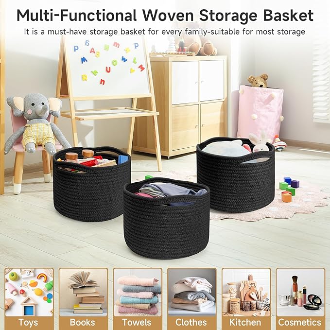Small Rope Baskets for Storage, Baskets for Gifts Empty, Cute Round Woven Basket, Decorative Shelf Baskets 9.82×9.82×7.1", Cotton Toy Basket Storage Bins for Organizer-Black