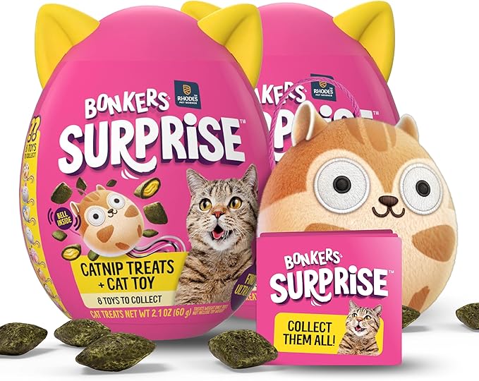 Bonkers Cat Surprise Catnip Flavor Cat Treats with Toy Surprise, 100g Egg Case with Blind Box Cat Toy (1 of 8 Collectible Toys) (Pack of 2)