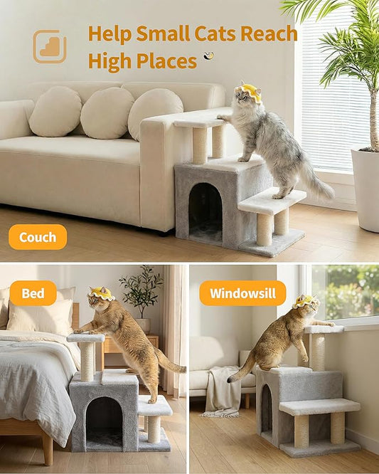 3-in-1 Cat Stairs for High Bed Couch, Multifunctional, Dog Steps for Small Doggie Pet Rabbits, Beige, Medium