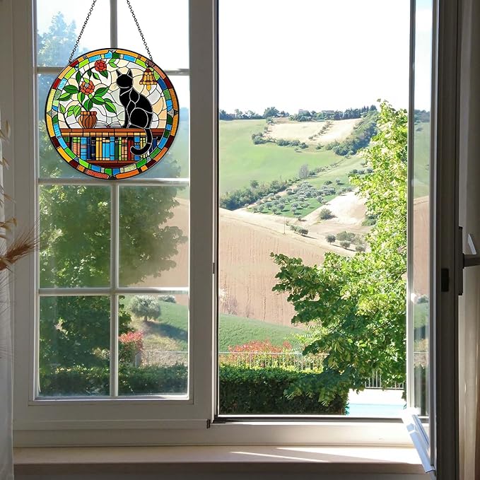 Cat Sun Catcher Stained Glass Window Hanging Book Lover Gifts for Women Book Wall Decor Handmade Sun Catcher Black Cat Sitting On Bookshelf Decoration for Home Room Housewarming Gifts