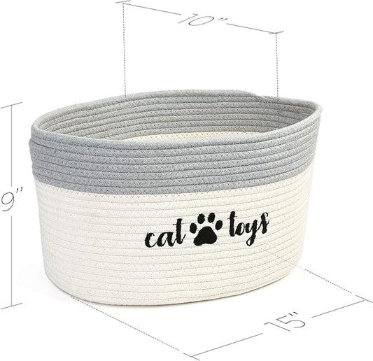 PrimePets Cat Toy Basket, Cotton Rope Storage Basket with Handles, Small Woven Pet Box Bin for Blankets, 15x10x9 inch Cat Holder Container, White and Grey