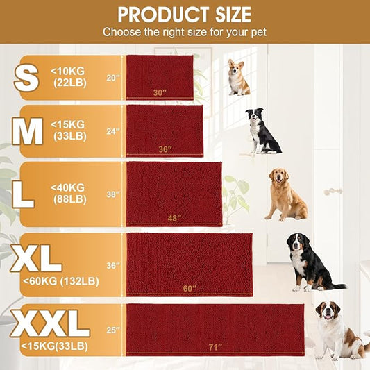 Extra Large Dog Door Mats for Muddy Paws, 71" x 25" Christmas Chenille Absorbent Mud Mat for Dogs, Non Slip Heavy Dog Rugs For Muddy Paws, Soft Indoor Door Mat for Entryway, Mud Paw, Inside Floor, Red